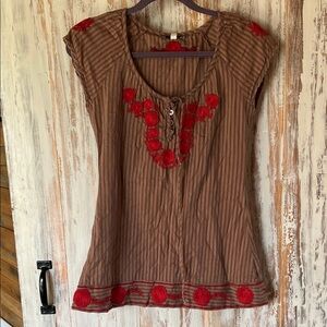 Free People Mauve/Brown & Red Embroidered Blouse / Tunic